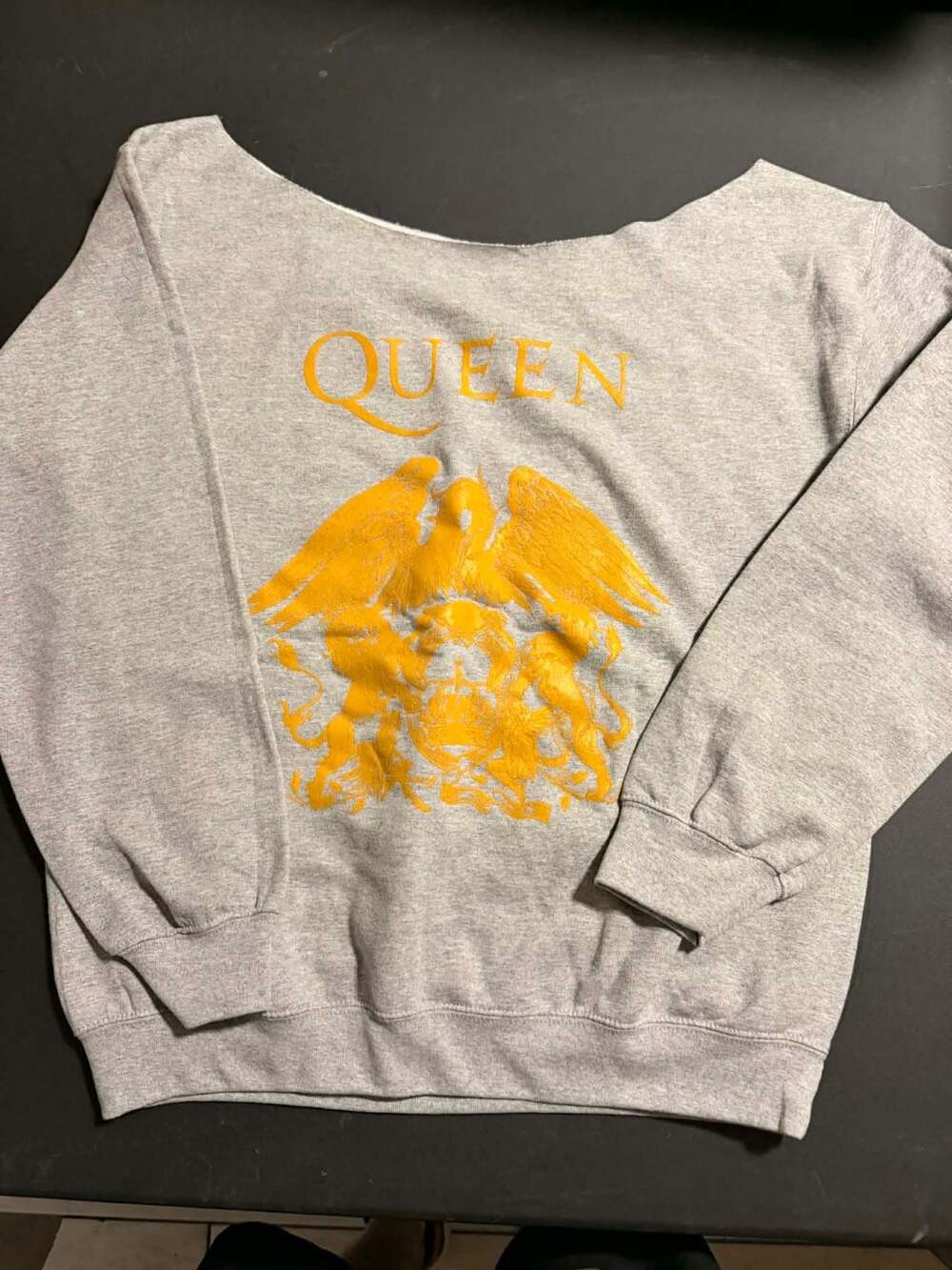 NWOT Queen Gold Crest Women’s Off-Shoulder Grey Sweatshirt Size M